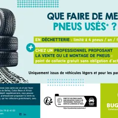 Pile de pneus usagés. Où jeter des pneus ? En déchetterie (4/an/foyer) ou chez un professionnel.
