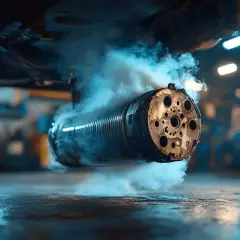 Fumée bleue s'échappant d'un catalyseur HS, symptôme d'un problème d'essence.