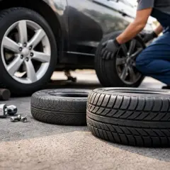 Un mécanicien change un pneu de voiture. Sur le sol, deux pneus usagés et des outils. La question "peut on changer un seul pneu" se pose.