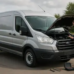 Un mécanicien effectue l'entretien d'un Ford Transit 170cv, capot ouvert, avec une trousse à outils à proximité.