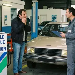 Un homme découvre avec effroi que son **contrôle anti-pollution date dépassée**. Le technicien note sur son carnet.
