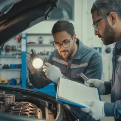 Mécaniciens examinant un moteur pour une voiture qui consomme de l'huile sans fuite visible. L'un éclaire avec une lampe torche, l'autre consulte un carnet.