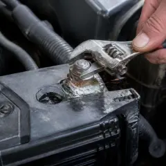 Serrage d'une cosse de batterie avec une clé, peut-être pour résoudre un symptôme cosse batterie mal serrée.