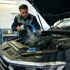 Mécanicien effectuant un nettoyage hydrogène sur un moteur diesel. La vapeur s'échappe de l'appareil.