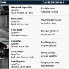 Tableau des symptômes de voiture : volant qui tire, usure des pneus, vibrations. Causes probables : parallélisme, géométrie, jantes. Urgence : moyenne à haute.