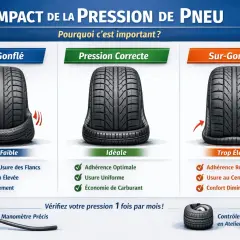 Comparaison de la **taille pneu** sous-gonflé, correcte et sur-gonflé. La pression idéale assure adhérence, usure uniforme et économie de carburant.