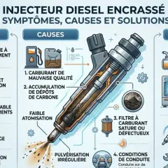 Schéma illustrant les symptômes d'un injecteur diesel encrassé : fumée noire, perte de puissance, ralenti instable, difficultés de démarrage, consommation excessive. Causes et solutions incluses.