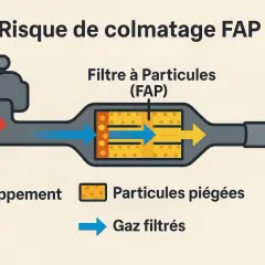 Schéma montrant le risque de colmatage du filtre à particules (FAP) : les gaz d'échappement entrent, les particules sont piégées, et les gaz filtrés sortent.
