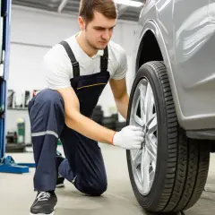 Mécanicien en salopette bleue ajustant la roue d'une voiture grise dans un garage.