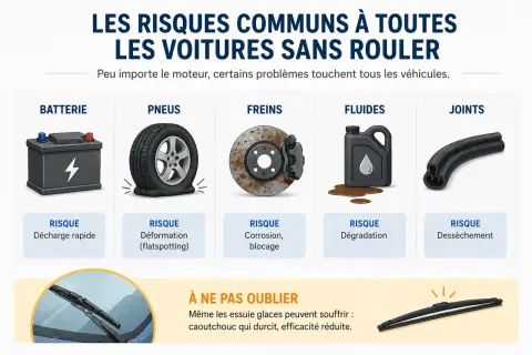 Risques des voitures sans rouler : batterie, pneus à plat, freins rouillés, fluides dégradés, joints secs. Combien de temps une voiture peut rester sans rouler ?
