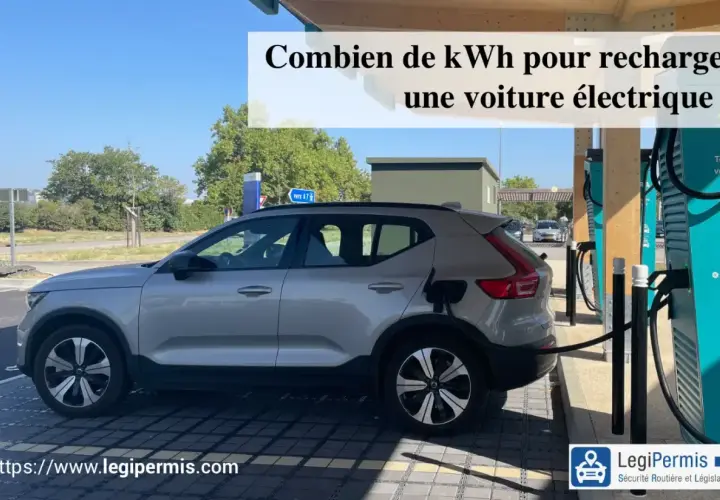 Une voiture électrique grise est branchée à une borne de recharge. La question "Combien de kWh pour recharger une voiture électrique ?" est affichée.