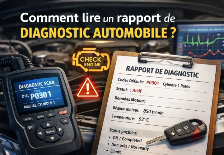 Un rapport de diagnostic automobile affiche un code d'erreur P0301. L'outil de diagnostic et une clé de voiture sont visibles, prêts à aider à passer la valise voiture.