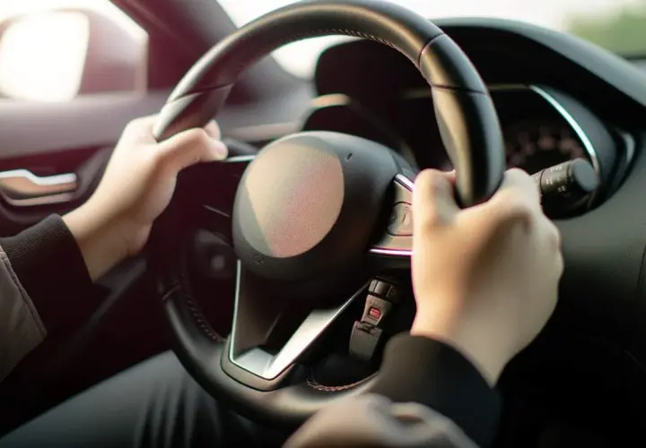 Mains au volant, prêt à conduire. Si vous vous demandez comment débloquer un volant sans clé, cette image montre le tableau de bord d'une voiture moderne.
