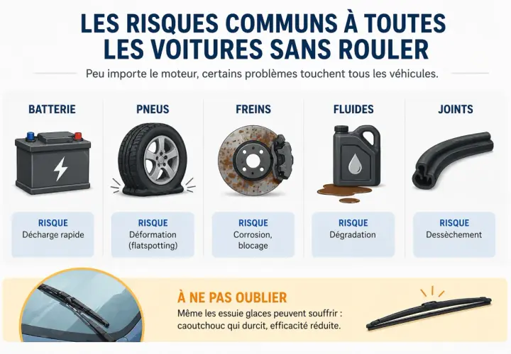 Risques des voitures sans rouler : batterie, pneus à plat, freins rouillés, fluides dégradés, joints secs. Combien de temps une voiture peut rester sans rouler ?