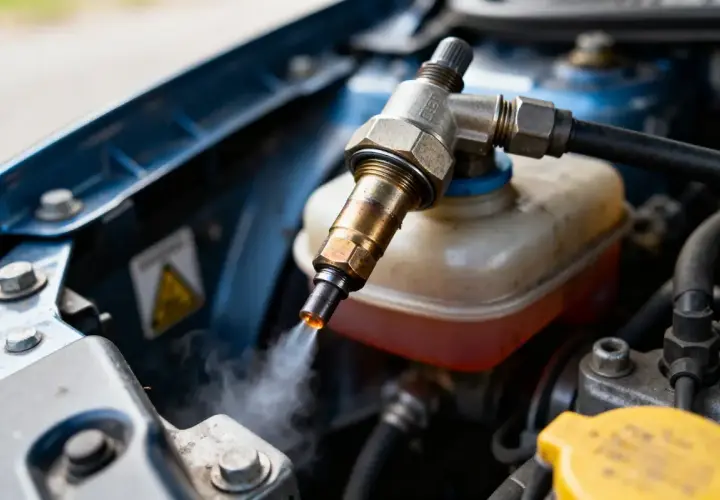 Un injecteur qui claque à froid, émettant une fine vapeur. Le système d'injection de carburant est visible dans le compartiment moteur d'une voiture.