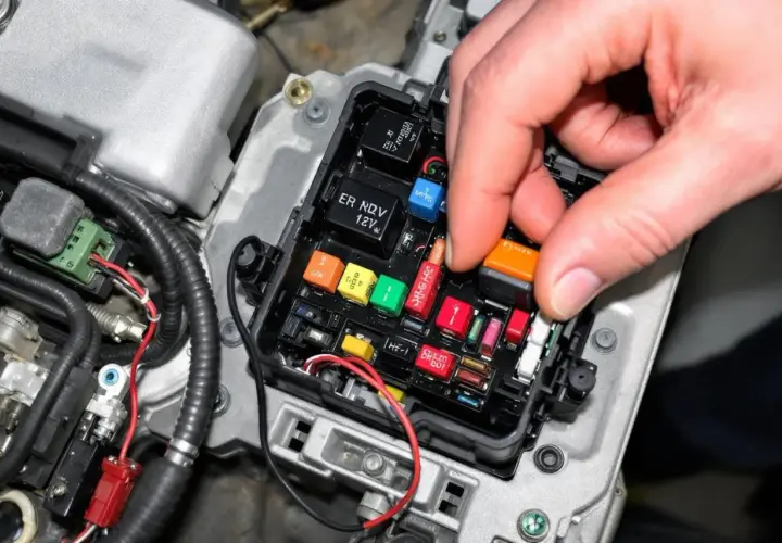 Main de personne retirant un fusible orange d'une boîte à fusibles de voiture. Cela fait partie de la procédure pour comment tester un relais de voiture.
