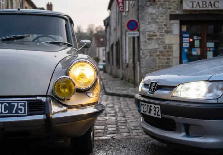 Deux voitures, une ancienne et une moderne, se font face dans une rue pavée de France. Les phares blancs de la Peugeot éclairent la scène, contrastant avec les phares jaunes de la Citroën.