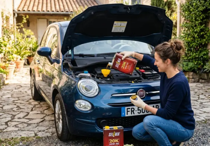 Une femme effectue la vidange d'une Fiat 500, versant de l'huile Selenia 20K dans le moteur.