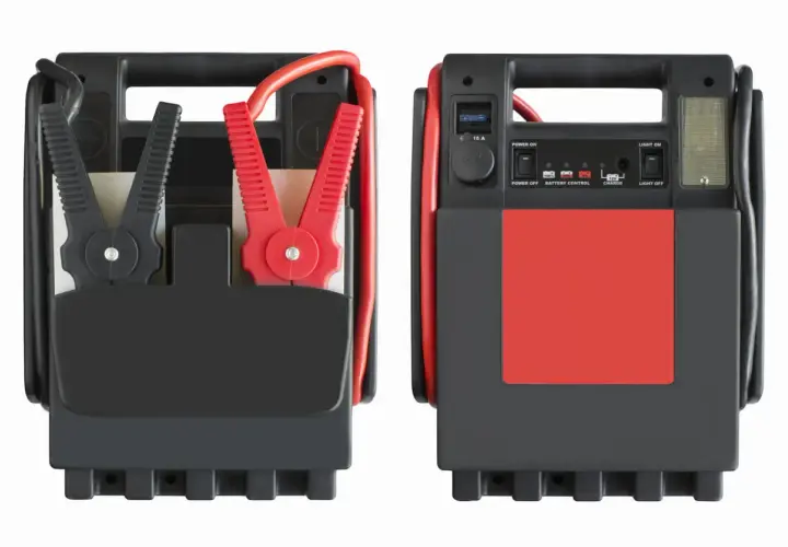 Deux boosters de batterie noirs et rouges, avec pinces. Aide à choisir quel booster de batterie choisir pour votre véhicule.