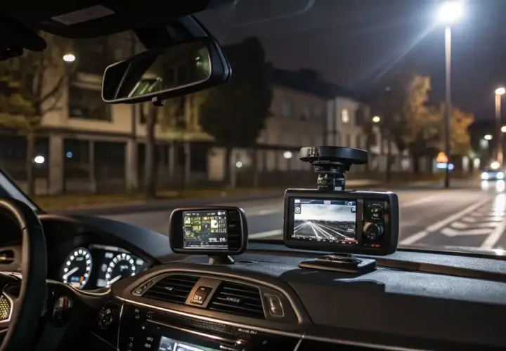 Vue de nuit depuis l'intérieur d'une voiture, avec deux appareils sur le tableau de bord : un GPS et un dispositif réfléchissant pour voiture, probablement une dashcam.
