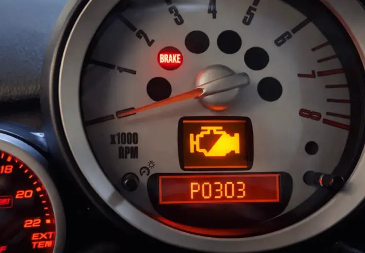 Voyant moteur allumé sur un tableau de bord, indiquant un problème P0303. Le voyant "BRAKE" est aussi allumé.
