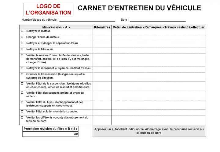 Modèle fiche suivi entretien véhicule : liste des vérifications pour la mini-révision "A", avec champs pour kilométrage et détails.