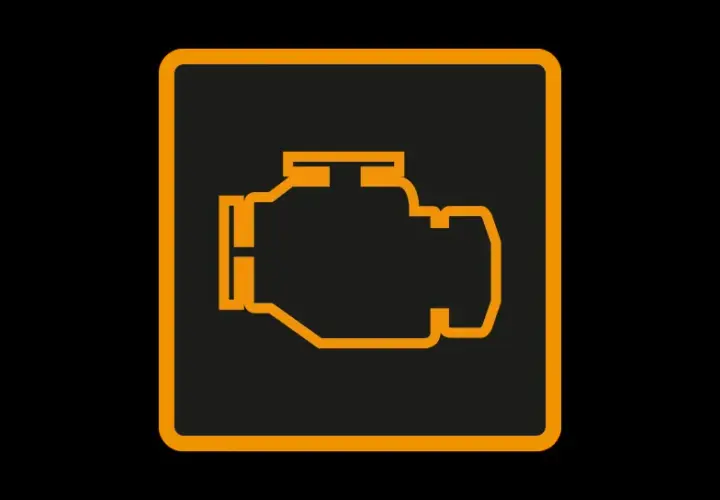 Icône orange d'un moteur stylisé sur fond noir. Ce symbole indique pourquoi le voyant moteur s'allume, signalant un problème potentiel.