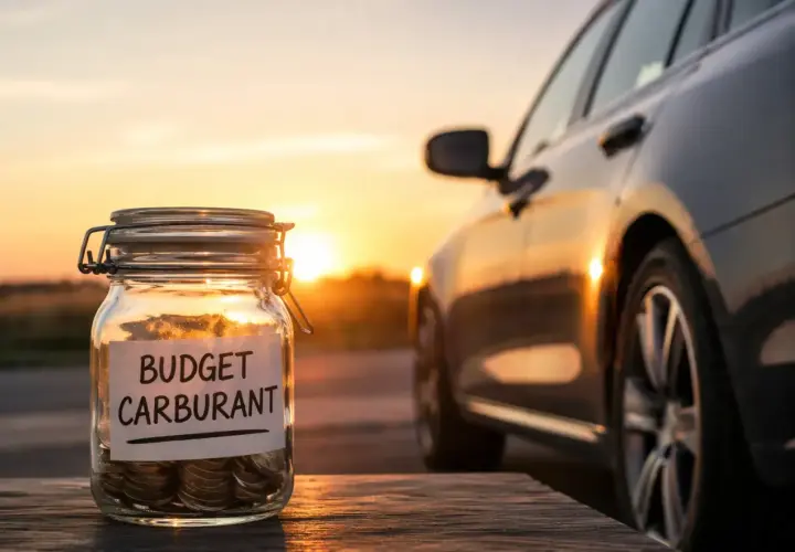 Bocal rempli de pièces, étiquette "Budget Carburant", à côté d'une voiture au coucher du soleil. Idéal pour économiser sur le tarif entretien GPL.