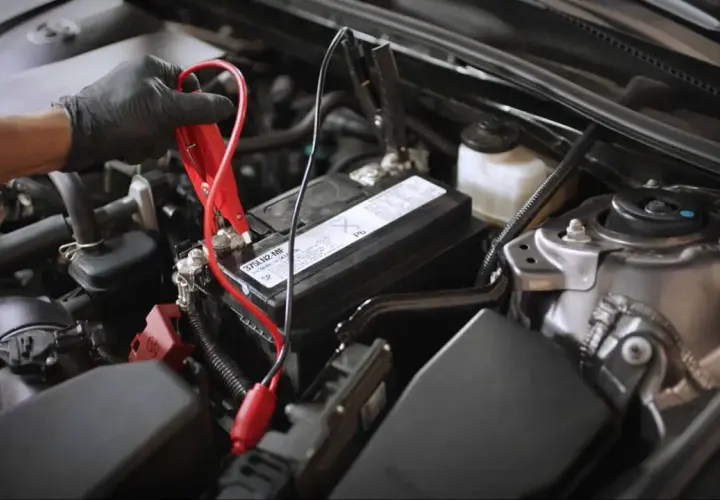 Main d'une personne portant un gant noir connectant des câbles de démarrage à une batterie de voiture, signe d'une batterie qui se décharge.