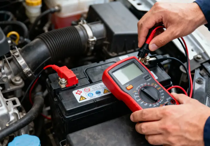 Main tenant une pince multimètre rouge pour comment tester l'ampérage d'une batterie de voiture.