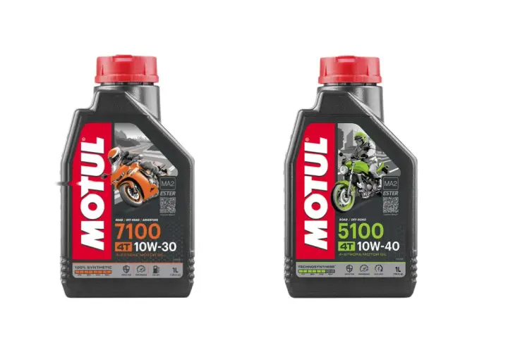Huile Motul 10W40 essence pour moto 4 temps. Le 5100 est idéal pour la route et le tout-terrain.