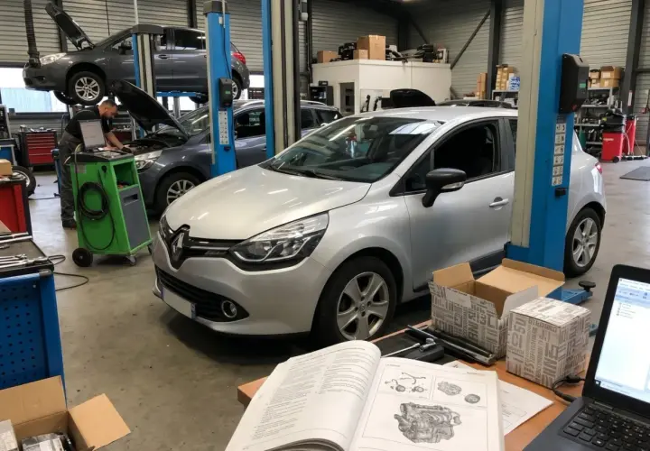 Dans un garage, un mécanicien travaille sur la distribution d'une Clio 4 argentée. Une autre voiture est levée sur un pont.