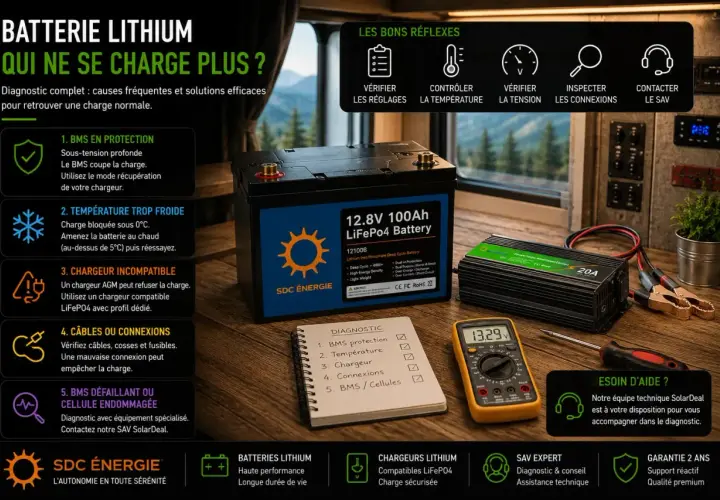Ma batterie ne charge plus ? Diagnostic des causes courantes : BMS, température, chargeur, connexions ou cellule endommagée. Solutions et aide SAV.
