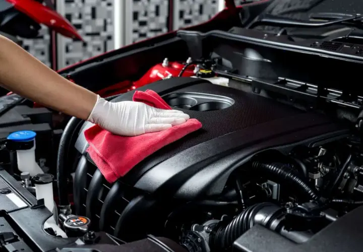Main d'une personne portant un gant blanc, nettoyant le moteur d'une voiture avec un chiffon rouge.
