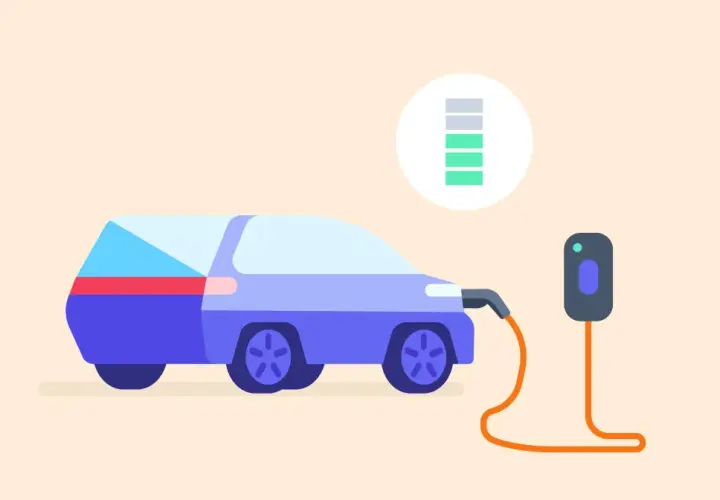Voiture électrique branchée à une borne de recharge, avec un indicateur de niveau de charge des batteries.