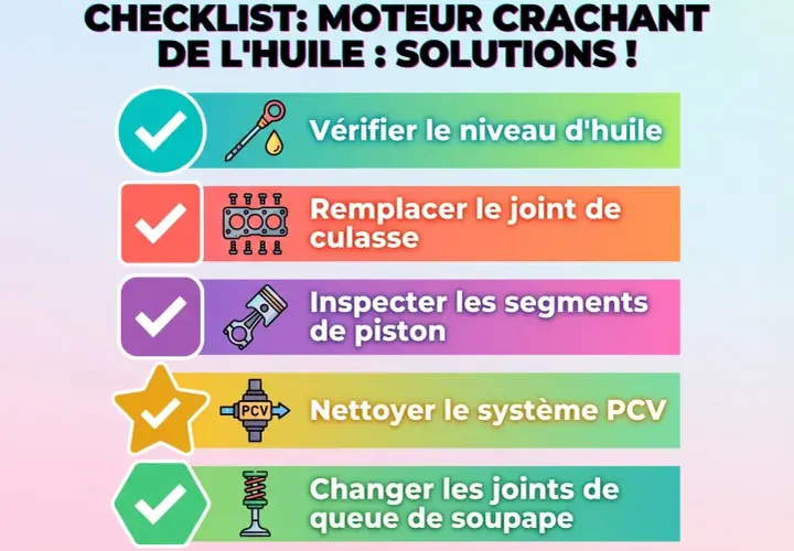 Checklist pour un moteur qui crache de l'huile : vérifier le niveau, remplacer le joint de culasse, inspecter les segments, nettoyer le système PCV, changer les joints de soupape.