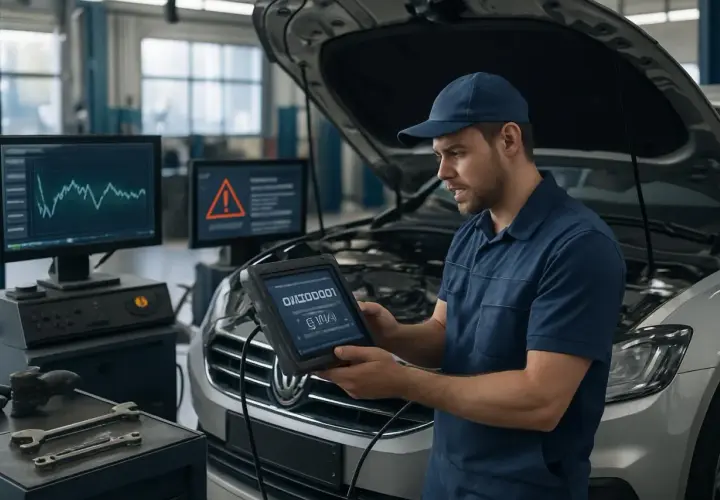 Mécanicien utilisant une tablette pour diagnostiquer une voiture. L'écran affiche des données et un symbole d'alerte, suggérant comment décrasser une voiture.