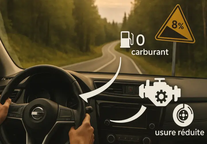 Conduite sur route sinueuse avec panneau de pente. Le frein moteur permet d'économiser le carburant et réduit l'usure des freins.
