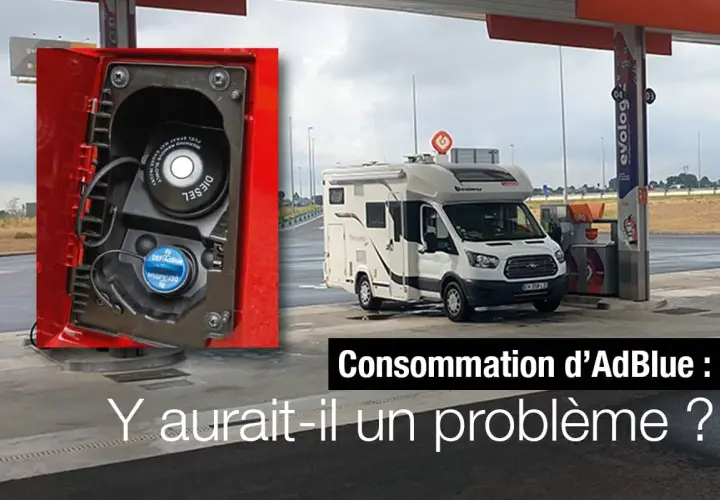 Un camping-car à une station-service, avec un gros plan sur le bouchon de remplissage d'AdBlue. La consommation d'AdBlue est-elle un problème ?