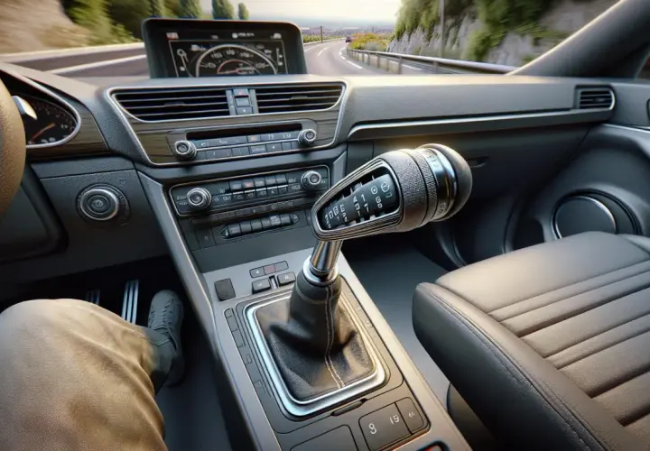 Vue de l'intérieur d'une voiture, le levier de vitesse est en position P, suggérant que le conducteur est sur le point de rouler avec le frein à main.