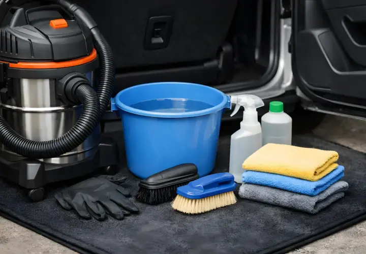 Kit pour nettoyer moquette voiture : aspirateur, seau d'eau, brosses, gants, spray et serviettes microfibres.