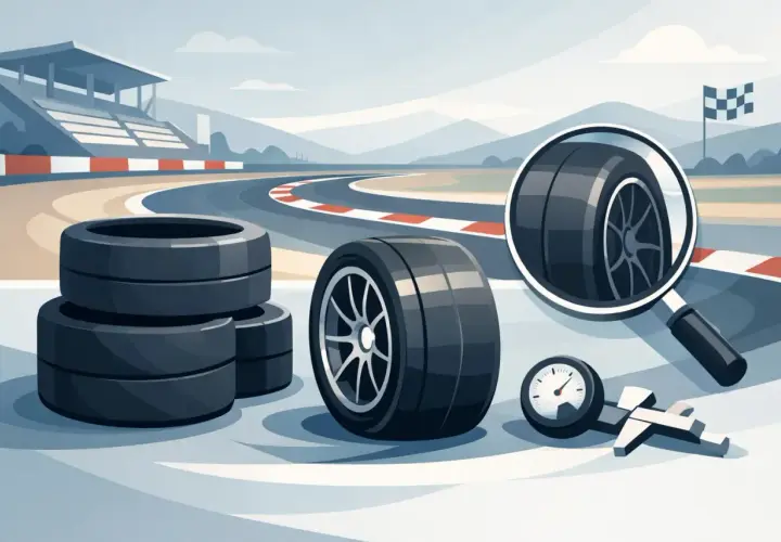 Piles de pneus slick sur une piste de course, avec une loupe examinant un pneu et un manomètre.