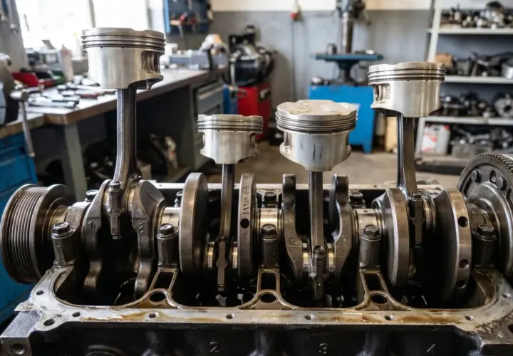 Un moteur démonté, avec ses pistons et bielles prêts à être installés dans le cylindre bloc. L'atelier mécanique est visible en arrière-plan.