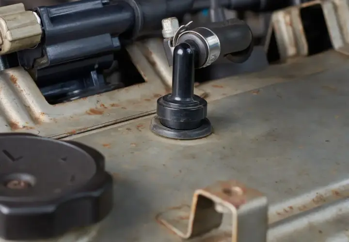 Détail d'un moteur de voiture, avec un tuyau noir fixé par un collier métallique. On aperçoit une pièce en caoutchouc noir, peut-être pour supprimer le reniflard d'huile.