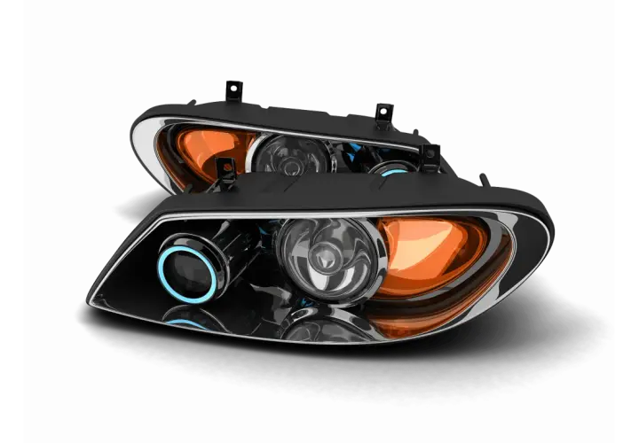 Paire de phares de voiture modernes avec anneaux lumineux bleus et réflecteurs orange. Idéal pour le remplacement phare prix.