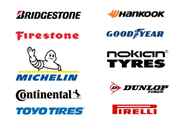 Logos de marques de pneus : Bridgestone, Firestone, Michelin, Continental, Toyo Tires, Hankook, Goodyear, Nokian Tyres, Dunlop, Pirelli. Un classement des marques de pneus.