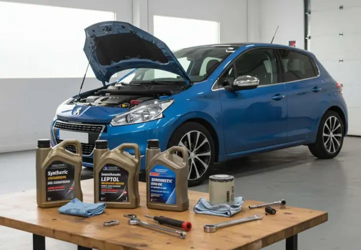 Huile moteur pour 1.6 HDI 90 : bidons, filtre et outils sur table devant une voiture bleue capot ouvert.