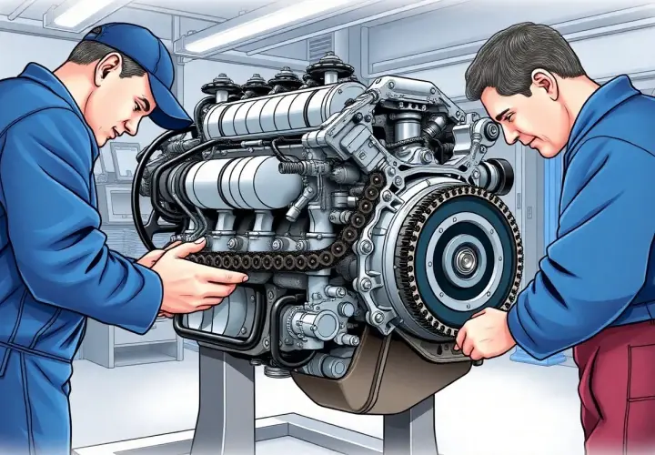 Mécaniciens travaillant sur la chaîne de distribution d'un moteur. Estimation du prix du remplacement chaîne de distribution 1.6 dci 130.