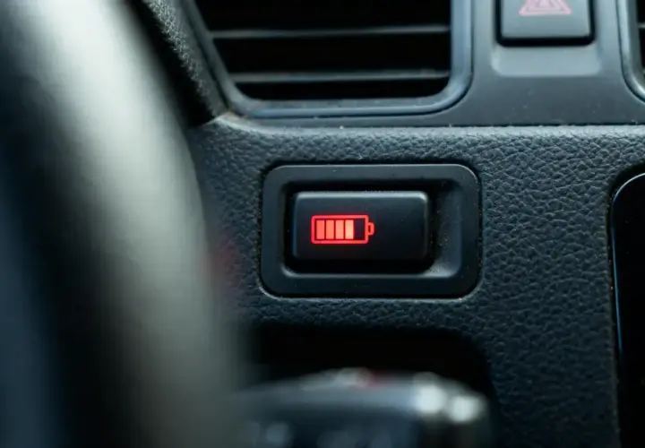 Voyant batterie rouge allumé sur le tableau de bord, indiquant un niveau de charge faible.