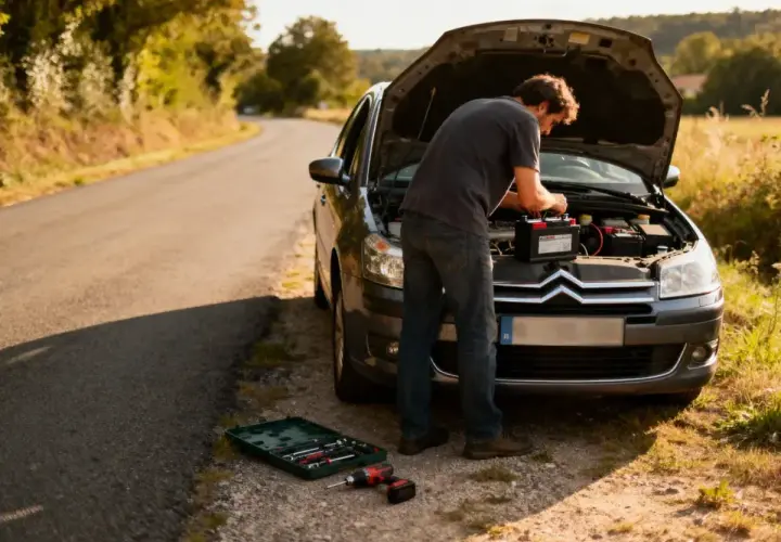 Un homme tente de démarrer sa voiture qui a du mal à démarrer diesel, en manipulant la batterie sur le bord d'une route de campagne.